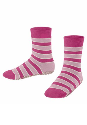 Chaussettes rayées roses avec une bordure côtelée, une texture douce et une semelle antidérapante ornée de petites protubérances rondes pour une meilleure adhérence.