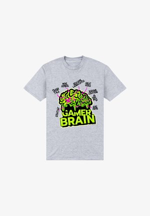 T-shirt gris à manches courtes avec un graphique coloré d'un cerveau, ayant un texte noir en gras incluant des termes de jeu en néon rose et vert.
