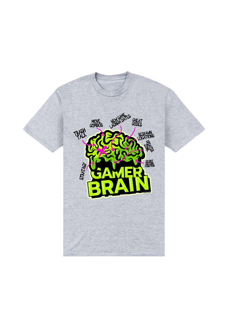 Šedé tričko s krátkým rukávem a barevným grafickým motivem mozku, obsahující tučný černý text, který zahrnuje herní termíny v neonově růžové a zelené.