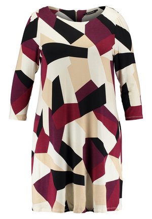 Vestido de manga larga con escote redondo con un patrón geométrico abstracto en negro, beige, crema y burdeos.