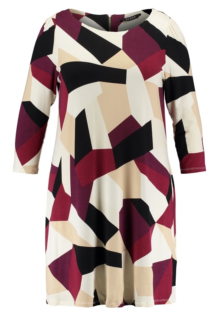 Robe à manches longues avec encolure ronde présentant un motif géométrique abstrait en noir, beige, crème et bordeaux.
