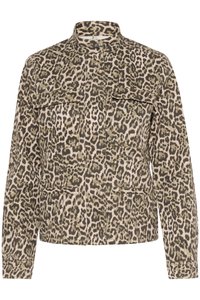 Leopardenmuster-Jacke aus beige- und olivfarbenem Stoff, mit einem Knopfkragen, zwei Brusttaschen und langen Ärmeln. Strukturierte Musterung überall.