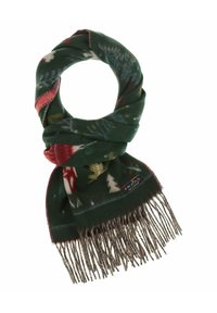 Écharpe vert foncé avec des motifs abstraits rouges, blancs et jaunes, extrémités à franges, et une étiquette de marque visible portant l'inscription "FRAS."