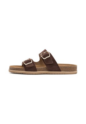 Braune Wildleder-Sandale mit zwei verstellbaren Riemen und goldenen Schnallen, Kork-Fußbett und beiger Gummisohle.