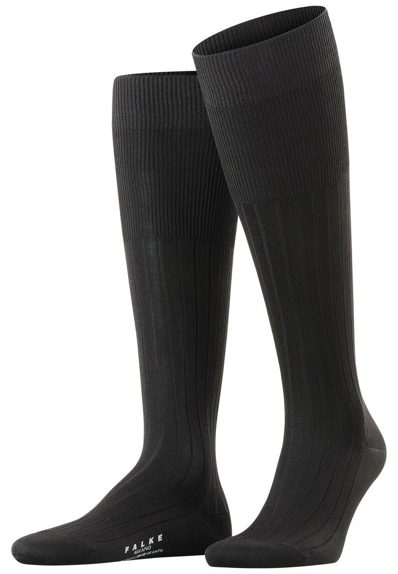 Calze nere al ginocchio con texture a coste, punta rinforzata e branding discreto sulla suola. Realizzate in un materiale morbido e elasticizzato.