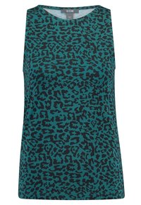 Bezramenný tyrkysový top s černým levhartím vzorem, vyrobený z měkkého materiálu, s kulatým výstřihem a volným střihem.