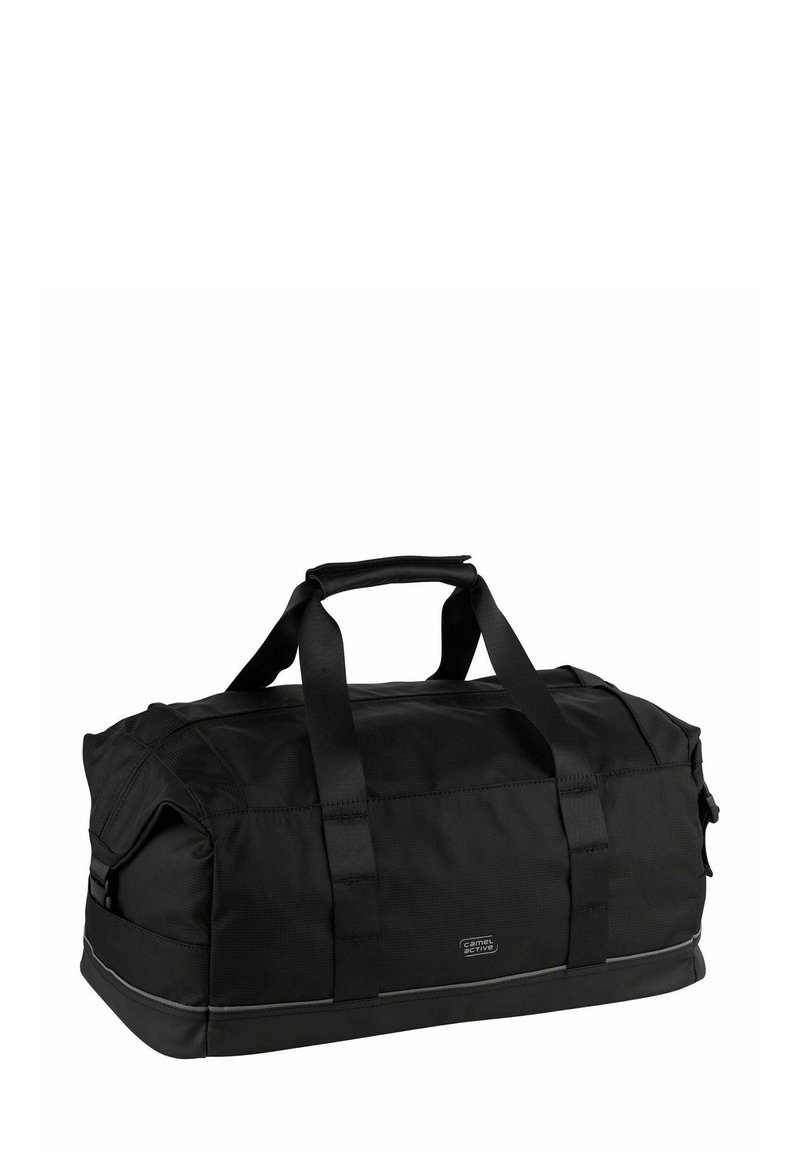 Sac de sport rectangulaire noir avec deux poignées supérieures, poches latérales et logo Camel Active au centre à l'avant.