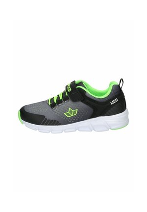 Gray and black athletic sneaker with neon green laces, lining, logo, and white sole, featuring a Velcro strap and pull tab at heel.