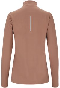 Langärmliges, hellbraunes Sportshirt mit hohem Kragen und reflektierendem, vertikalem Streifen auf dem Rücken. Glattes, dehnbares Material.