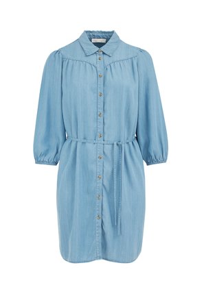 Rochie din denim de culoare albastru deschis, cu un guler, deschidere cu nasturi pe față și mâneci puff elastice. Are o curea din material pentru a accentua talia.