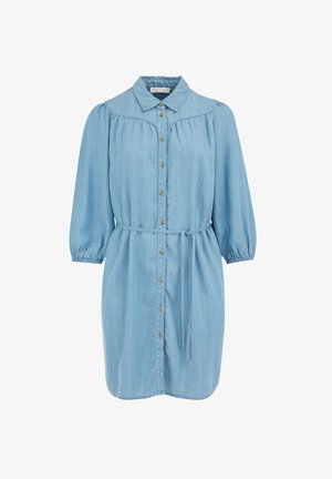 Hellblaues Denimkleid mit durchgehender Knopfleiste, Kragen und elastischen Puffärmeln. Mit einem Stoffgürtel zum Taillieren.