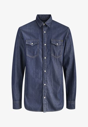 Tmavě modrá džínová košile s dlouhým rukávem, dvěma kapsami na hrudi a bílými patentními knoflíky vpředu i na kapsách.