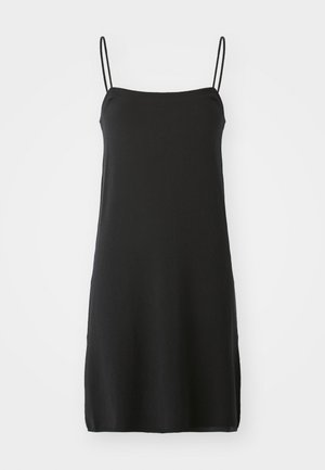 Black sleeveless dress with thin straps, made from soft fabric. Straight cut, knee-length design, features a simple, solid color without patterns.