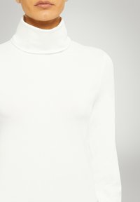 Weißes langärmeliges Rollkragenoberteil mit glatter Textur, figurbetontem Schnitt und hohem Kragen. Schlichtes Design ohne zusätzliche Muster oder Akzente.