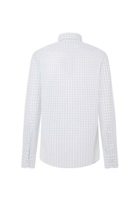 Camicia bianca a maniche lunghe con un motivo a quadri grigio chiaro. Collo strutturato e polsini con bottone, realizzata in tessuto liscio.