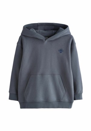 Ciemnoszara dziecięca bluza z kapturem z kieszenią na przodzie, ściągaczami na rękawach i małym logo czaszki ze słuchawkami na piersi.