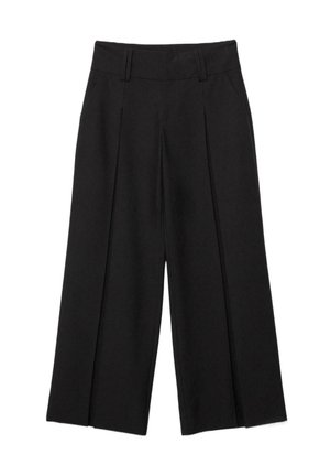 Crne široke hlače skraćene do gležnja s petljama za remen i naborima sprijeda, izrađene od glatke tkanine za krojeni izgled.