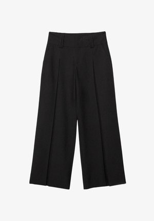 Sorte vide bens cropped bukser med bæltestropper og forreste plisseringer, lavet af et glat stof for et skræddersyet udseende.