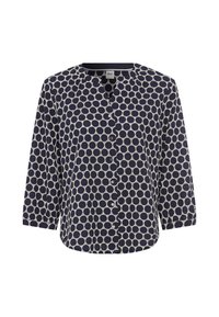Marineblauseshirt mit einem gepunkteten Muster aus elfenbeinfarbenen Kreisen. Hergestellt aus leichtem Stoff, hat es drei Viertelärmel und einen Knopfverschluss.