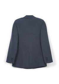 Blazer gris foncé vu de dos, avec des manches longues et trois boutons sur chaque poignet, sur fond blanc.