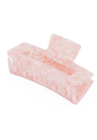 Clip de pelo acrílico rosa con textura veteada y acabado suave. Presenta un diseño curvado y secciones recortadas para un agarre seguro.