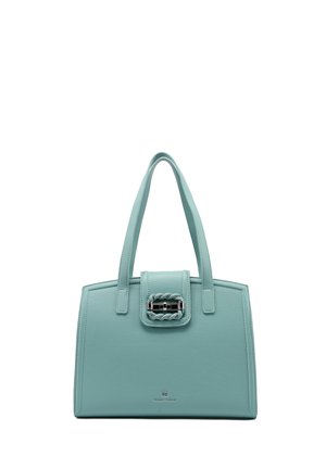 Borsa a tracolla rettangolare azzurro chiaro con due cinghie e una chiusura con fibbia metallica intrecciata sulla pattina frontale.