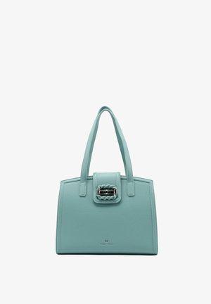 Borsa a tracolla rettangolare azzurro chiaro con due cinghie e una chiusura con fibbia metallica intrecciata sulla pattina frontale.