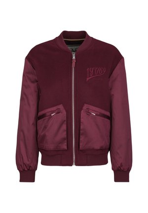 Burgundy bomber jacket with zipper front, two large front pockets, ribbed collar and cuffs, and embroidered "19V69" on the chest.
