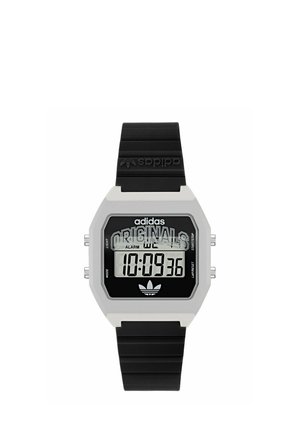 Montre digitale Adidas Originals avec cadran rectangulaire noir, boîtier gris, bracelet noir et affichage de l'heure indiquant 10:09:36.