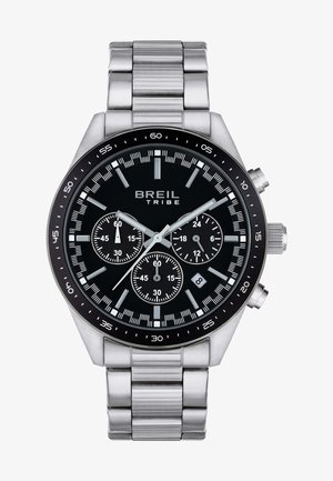 Orologio in acciaio inossidabile argentato con quadrante nero, tre sottoquadranti e dettagli argentati. Presenta un bezel tachimetrico e un display della data.