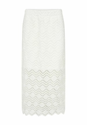 White lace skirt featuring a zigzag pattern, knee-length with an elastic waistband, and scalloped hem. Lightweight, textured fabric.