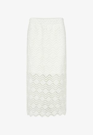 White lace skirt featuring a zigzag pattern, knee-length with an elastic waistband, and scalloped hem. Lightweight, textured fabric.