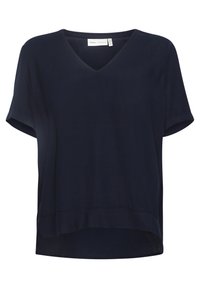 Blouse bleu marine à manches courtes avec col en V et ourlet arrière légèrement plus long, en tissu léger.