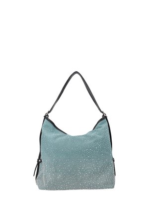 Türkisfarbene Schultertasche mit schwarzem Riemen, verziert mit gleichmäßig verteilten kleinen silbernen Nieten vorne und unten.