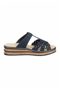 Sandale bleu marine à bout ouvert et à enfiler avec une tige décorative ajourée, une semelle intérieure beige rembourrée et une semelle plateforme en liège superposée.