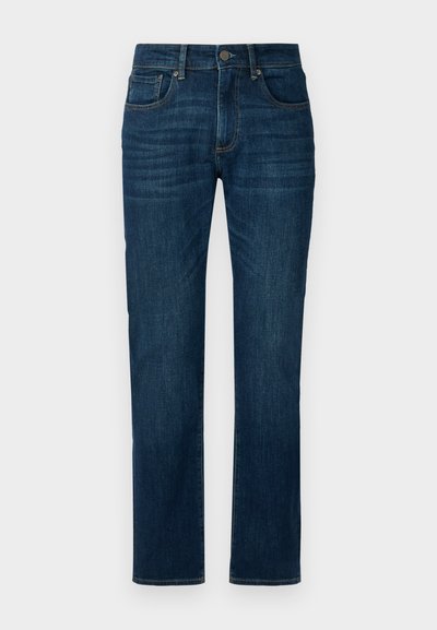 Dark blue denim jeans with straight-leg design, five-pocket styling, and contrasting stitching. The fabric has a smooth, durable texture.