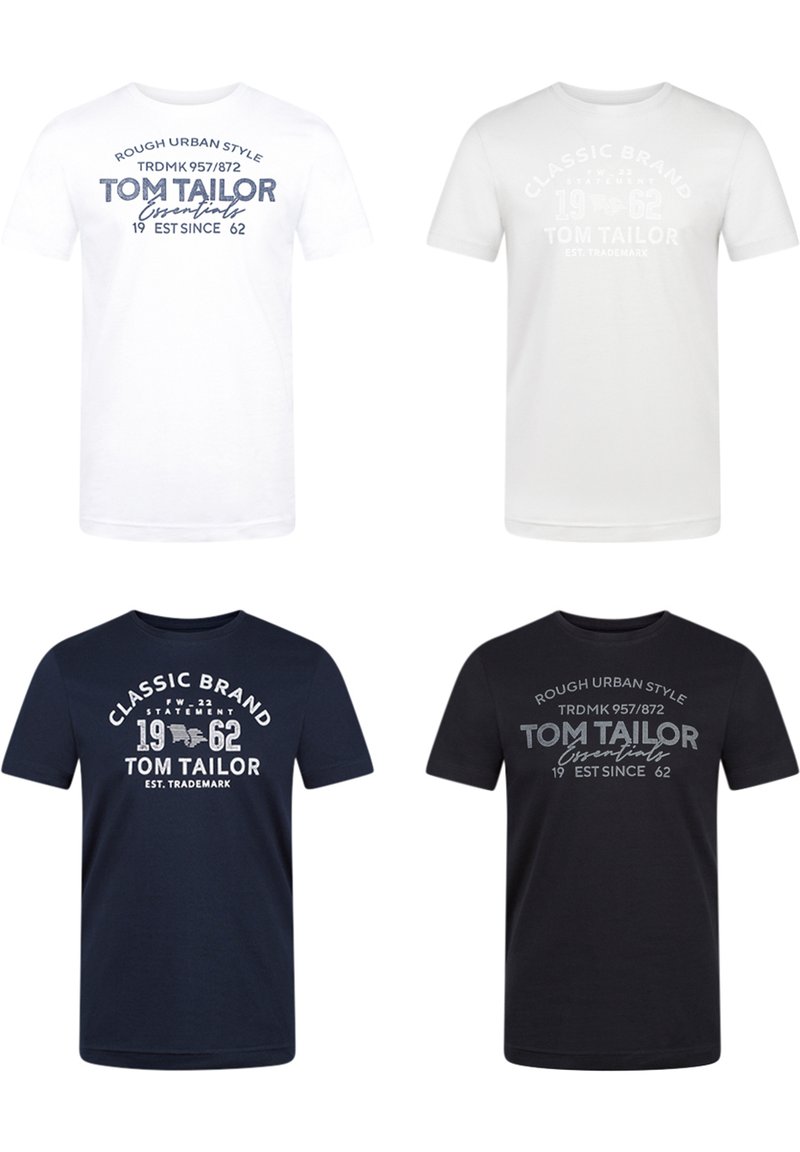 Cuatro camisetas: dos blancas y dos azul marino. Todas tienen estampados gráficos con la marca "Tom Tailor", cuellos redondos, mangas cortas y una suave textura de algodón.