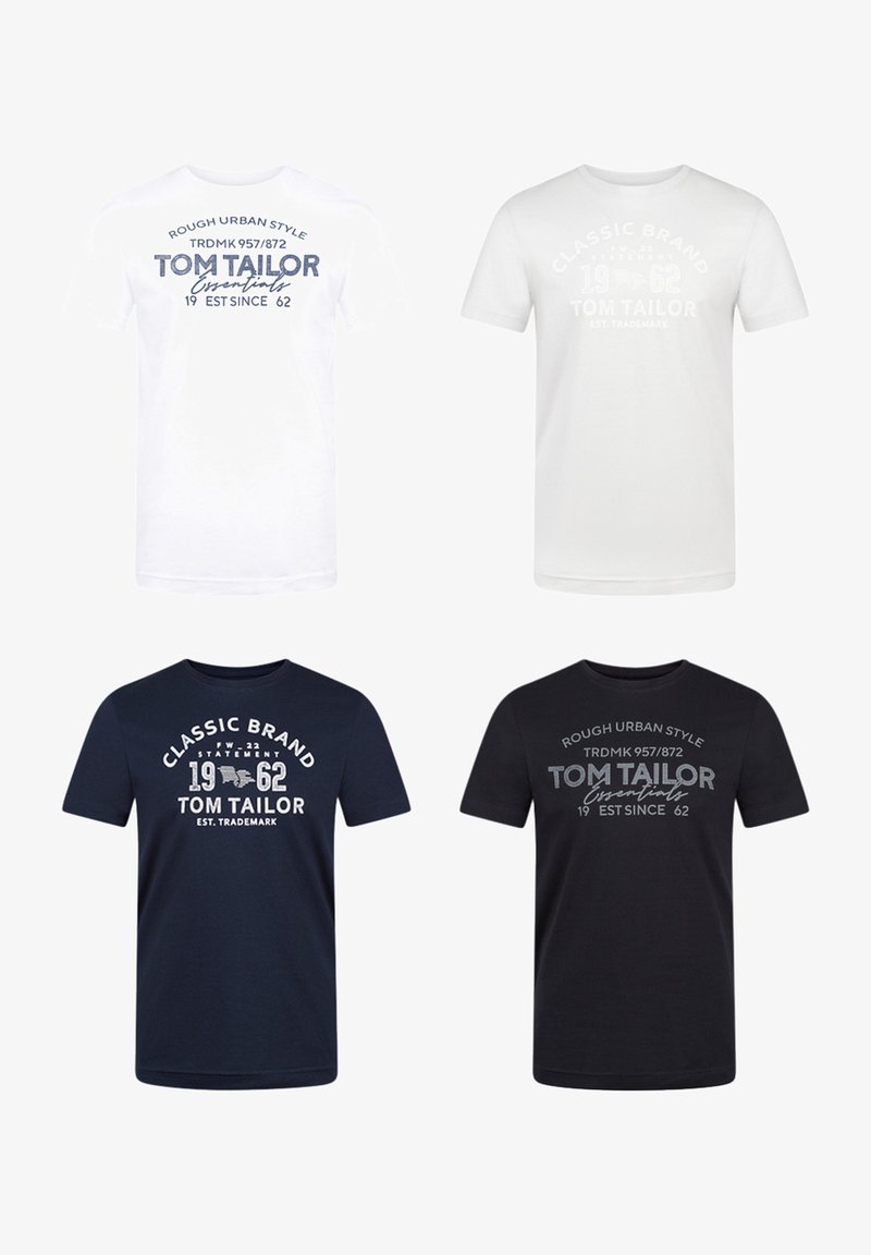 Quatre t-shirts : deux blancs, deux bleu marine. Tous ont des imprimés graphiques avec la marque "Tom Tailor", des cols ronds, des manches courtes et une texture en coton lisse.