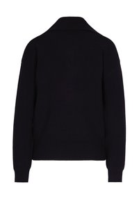 Maglione lavorato a maglia blu navy con una vestibilità rilassata, dotato di colletto, texture a coste e maniche lunghe. La vista posteriore non presenta ulteriori dettagli.