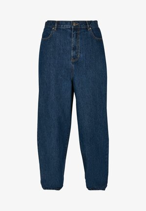 Jean en denim bleu foncé avec une coupe décontractée, taille haute et poignets élastiques. Il dispose d'une fermeture à bouton à l'avant et de cinq poches.