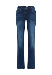 Jeans en denim bleu foncé avec une coupe droite. Comprend un style classique à cinq poches, des coutures cousues et une fermeture à bouton à l'avant.