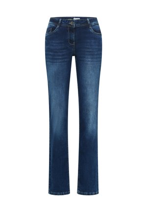 Jeans in denim blu scuro con taglio a gamba dritta. Presentano la classica configurazione a cinque tasche, cuciture impunturate e chiusura frontale con bottoni.