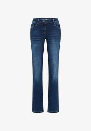 Dunkelblaue Jeans aus Denim mit geradem Bein. Verfügt über klassische Five-Pocket-Optik, gestickte Nähte und eine vordere Knopfverschluss.