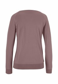 Long-sleeve, pullover top in mauve. Made of soft, stretchy fabric with a round neckline and ribbed cuffs and hem. Smooth texture.