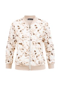 Veste bomber beige clair avec motif abstrait de feuilles marron et fauve, col, poignets et ourlet côtelés, fermeture éclair frontale.