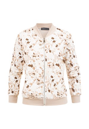 Lyse beige bomberjakke med brun og tan abstrakt bladmønster, ribbet krave, manchetter, kant og front med lynlås.