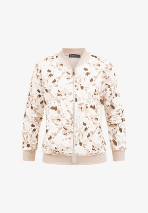 Lyse beige bomberjakke med brun og tan abstrakt bladmønster, ribbet krave, manchetter, kant og front med lynlås.