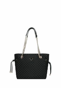 Borsa tote nera trapuntata con catena argentata e manici in pelle, dotata di una placca a logo triangolare e stringhe laterali regolabili.