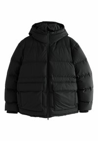 Geacă puffer neagră cu glugă, fermoar frontal și două buzunare mari în față. Materialul pare neted, cu o textură matlasată.