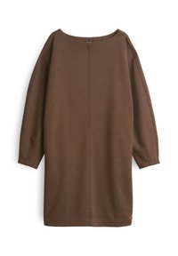 Bruine, lange jurk met mouwen van zachte stof, met een boxy silhouet, brede halslijn en een centrale naad op de achterkant.